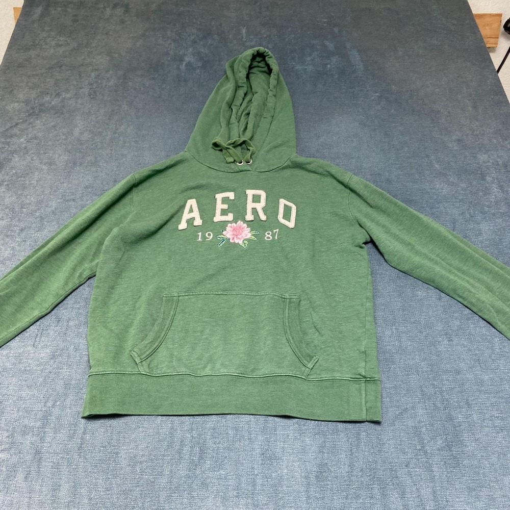 Aeropostale 1987 Cropped Hoodie Womens Medium Green Floral Relaxed Fit Fleece